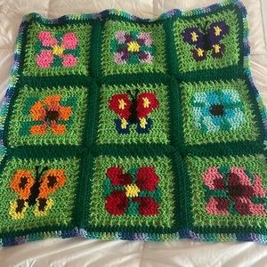 vintage granny sqaures baby blanket with flowers and butterflies